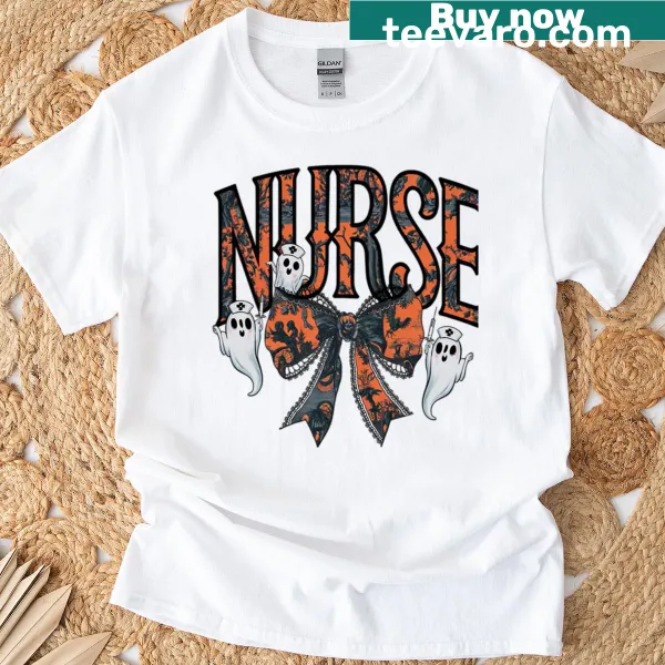 Halloween-themed t-shirt designed for nurses with fun graphics