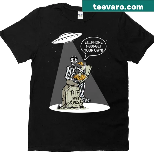 Playful graphic t-shirt of an alien stealing pizza from a skeleton.