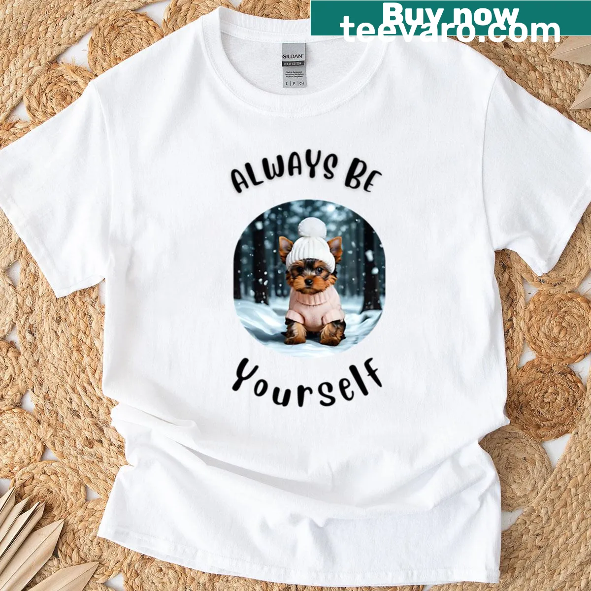 T-shirt featuring a cute Yorkie and the message 'Always Be Yourself' — on a men's t-shirt