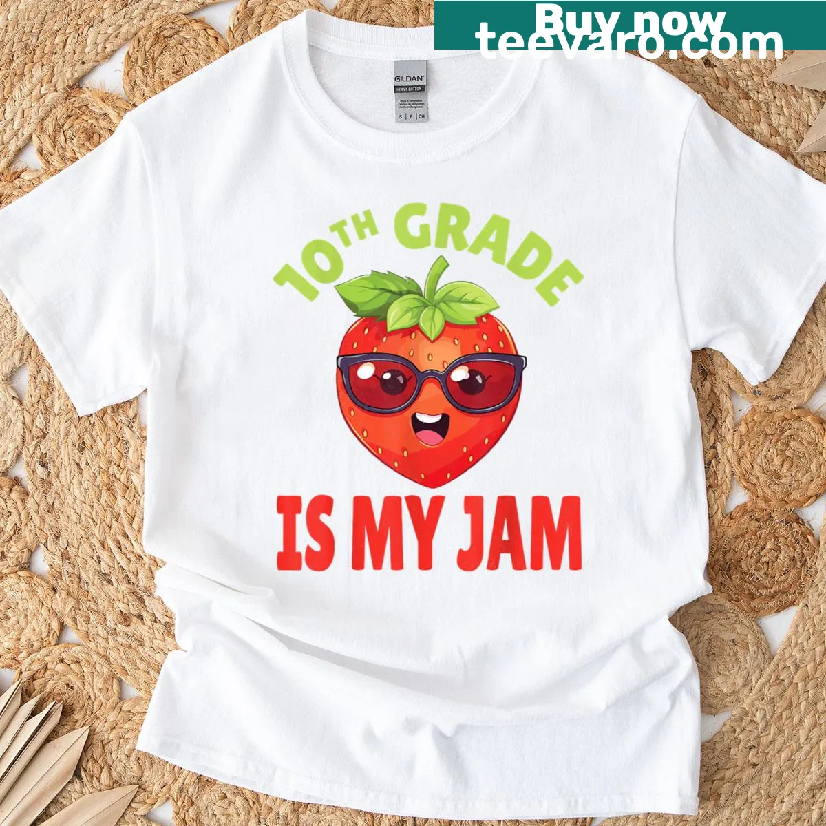 T-shirt featuring '10th Grade Is My Jam' text — on a men's t-shirt