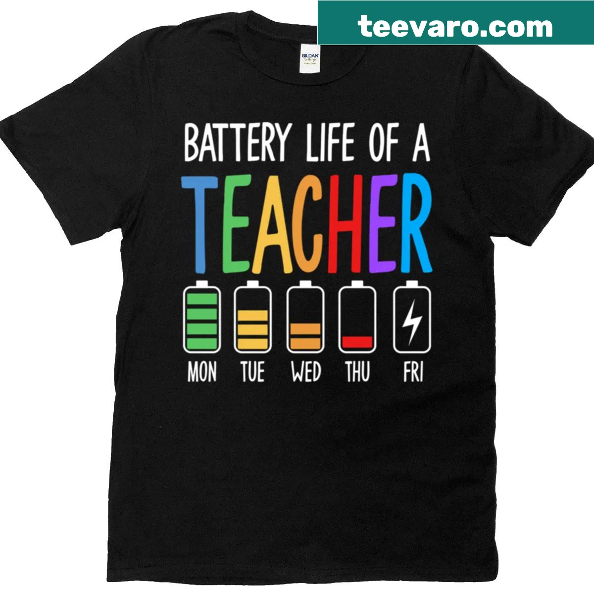 Humorous teacher t-shirt with a battery life graphic for weekly teaching — on a men's t-shirt