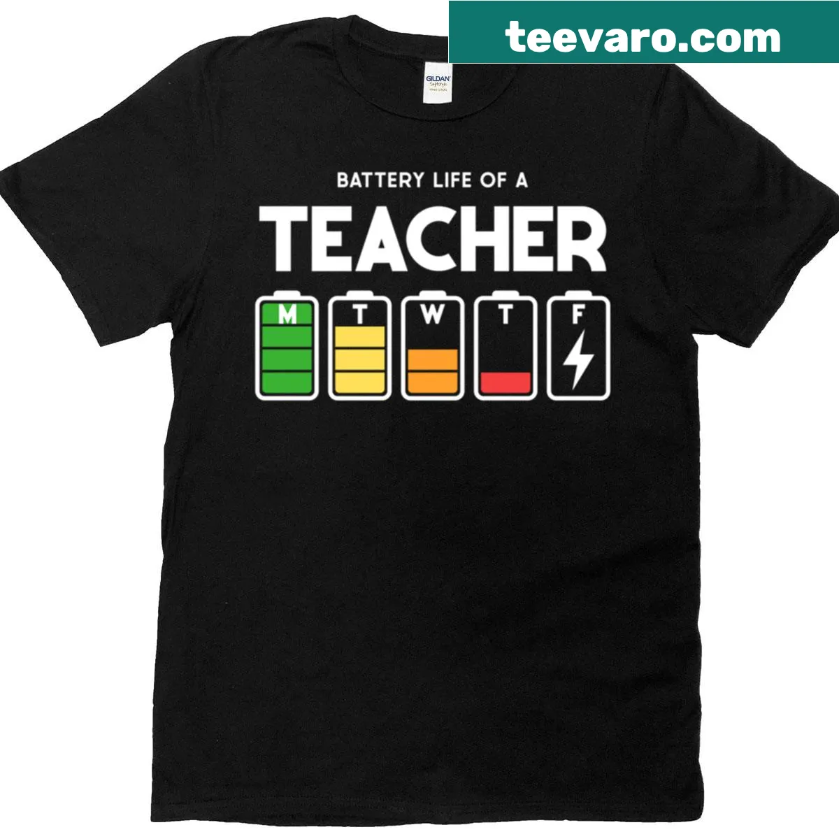 Funny teacher t-shirt with a battery life graphic — on a men's t-shirt
