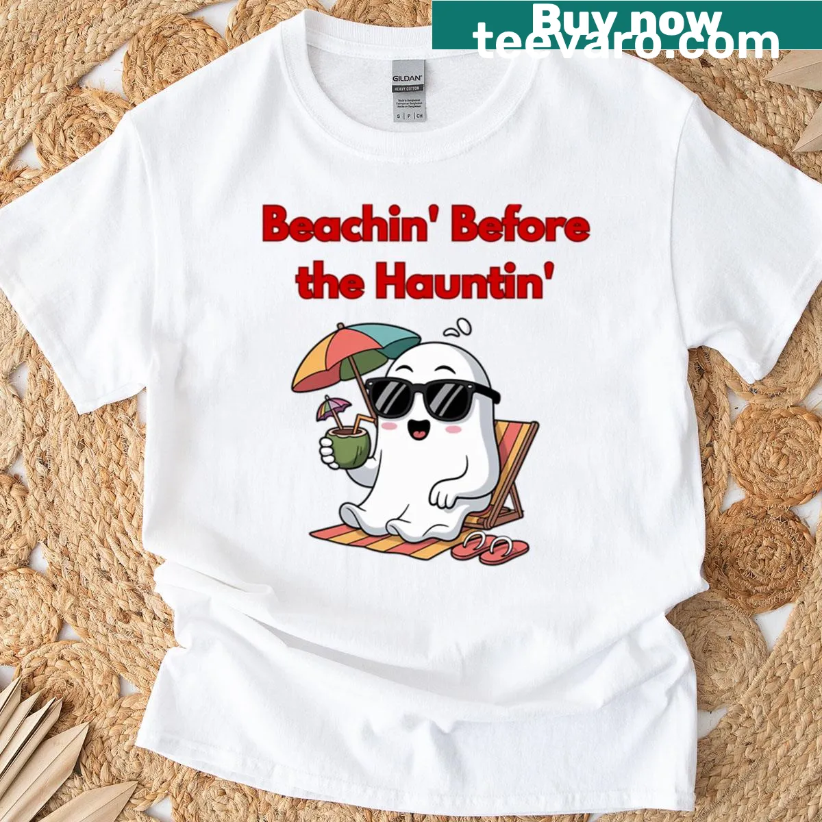 Oversized t-shirt of a ghost on vacation, blending beach and Halloween themes. — on a men's t-shirt