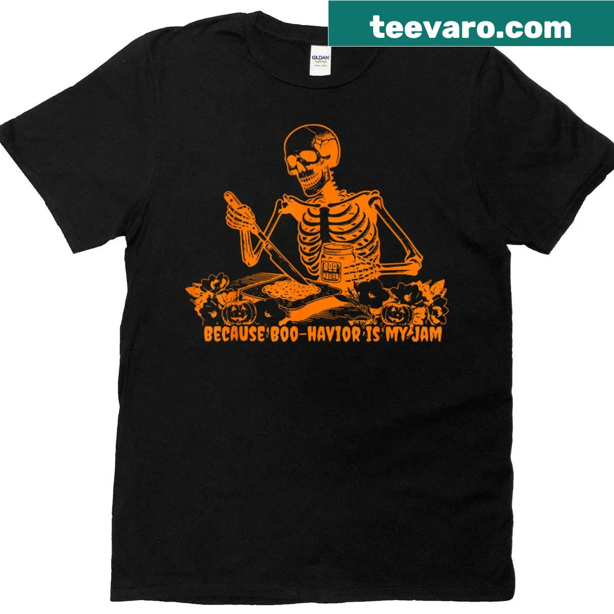 Halloween skeleton t-shirt with the phrase Boo-behavior Is My Jam — on a men's t-shirt
