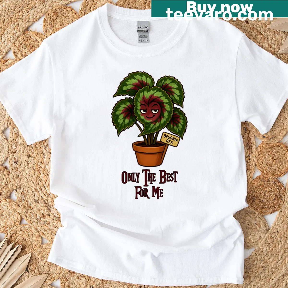 Funny t-shirt with Begonia Rex character and playful text. — on a men's t-shirt