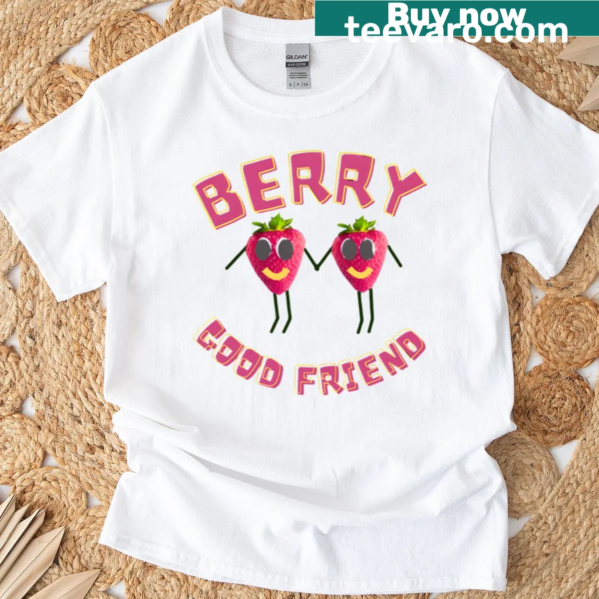 Cute strawberry pun t-shirt featuring the phrase Berry Good Friend — on a men's t-shirt