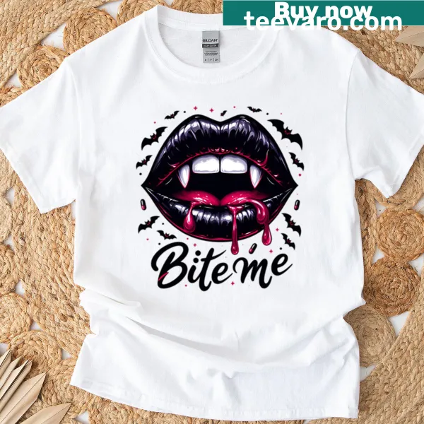 Funny vampire-themed 'Bite Me' design on t-shirt for Halloween