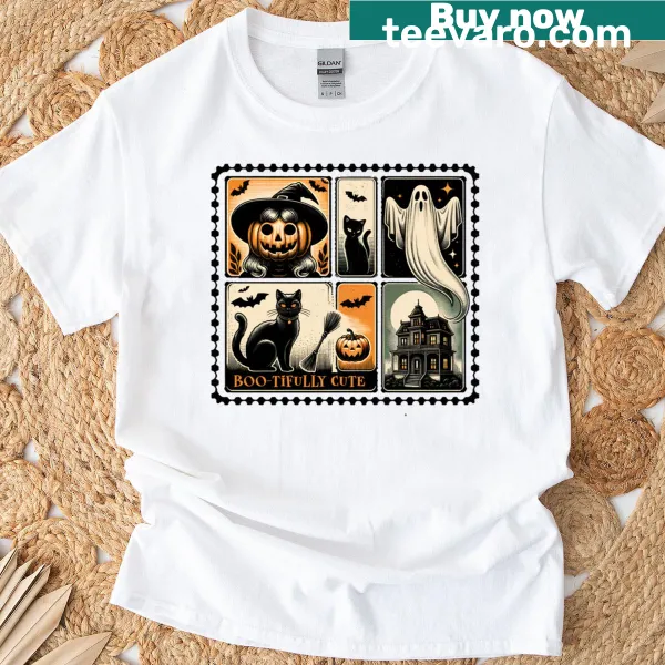 Cute Halloween tee with vintage stamp graphics for a playful spooky look.