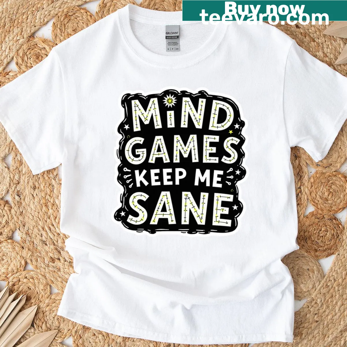 T-shirt featuring a fun maze illustration and puzzle-themed text — on a men's t-shirt