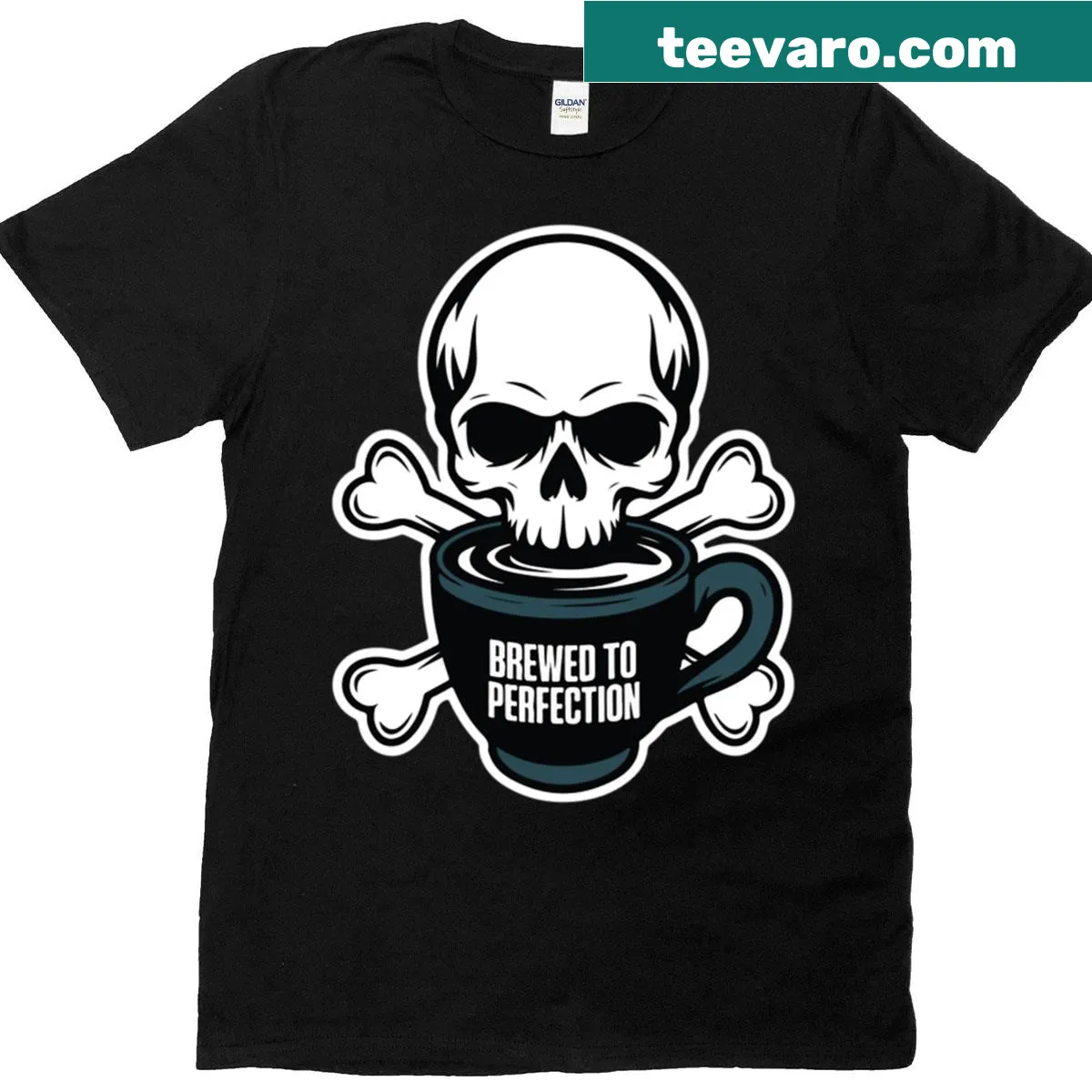 Funny skeleton skull coffee mug graphic T-shirt — on a men's t-shirt