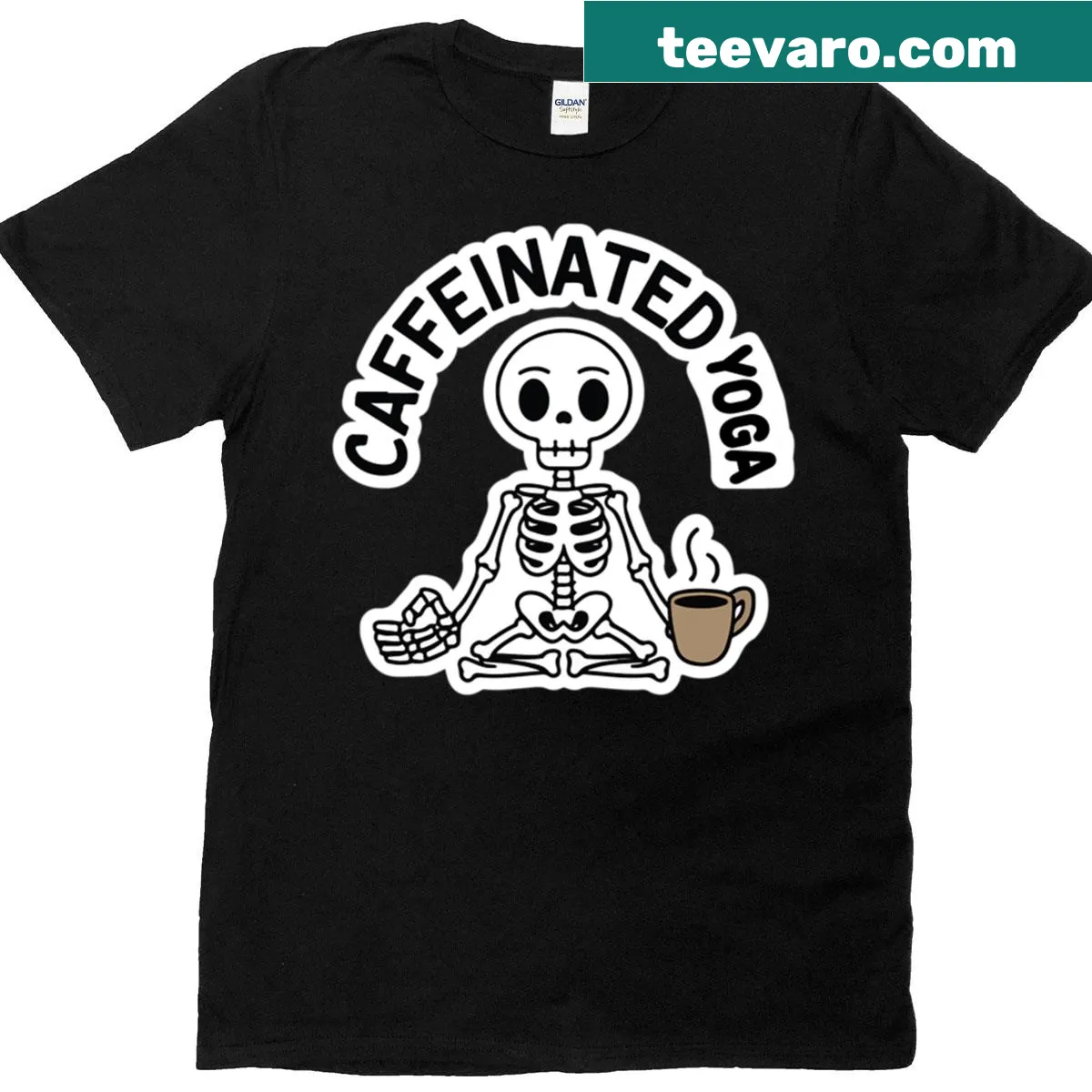 Funny skeleton in yoga pose with coffee cup graphic — on a men's t-shirt