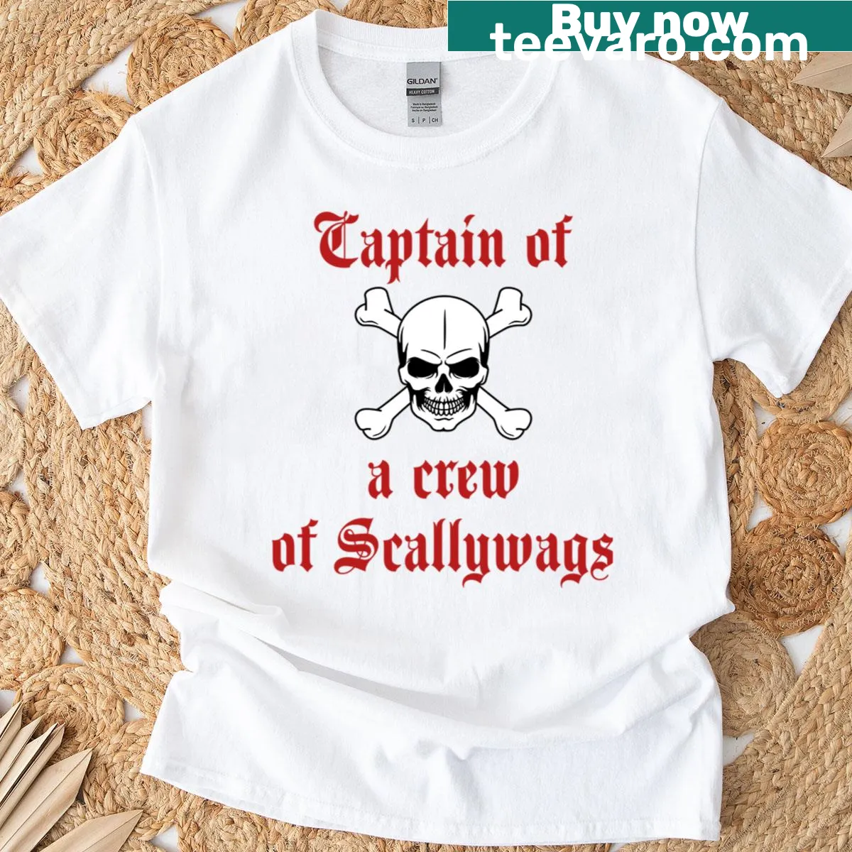 T-shirt with whimsical captain-themed design and text — on a men's t-shirt