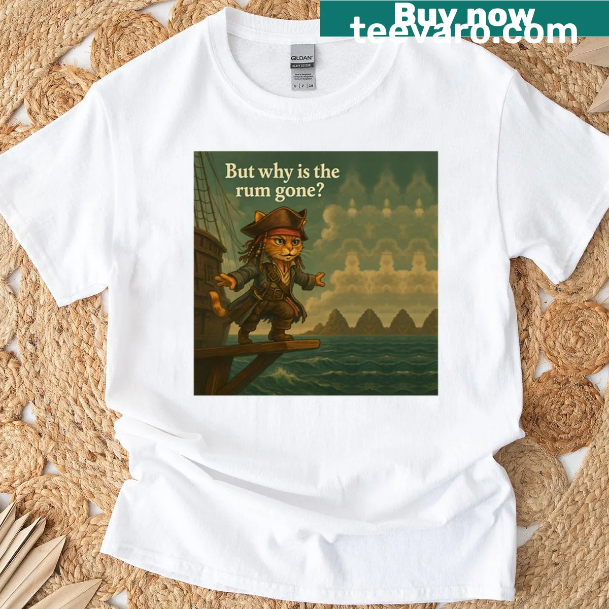 Illustration of Captain Purrrow, a pirate cat, on a T-shirt — on a men's t-shirt