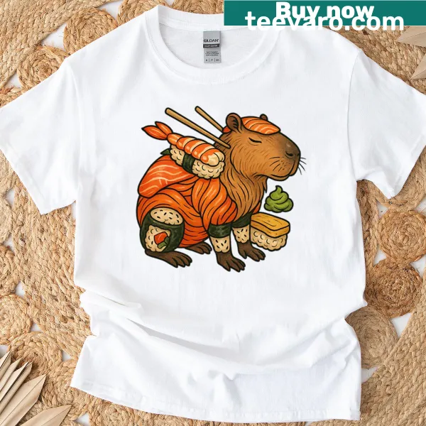 Illustration of a capybara covered in sushi on t-shirt