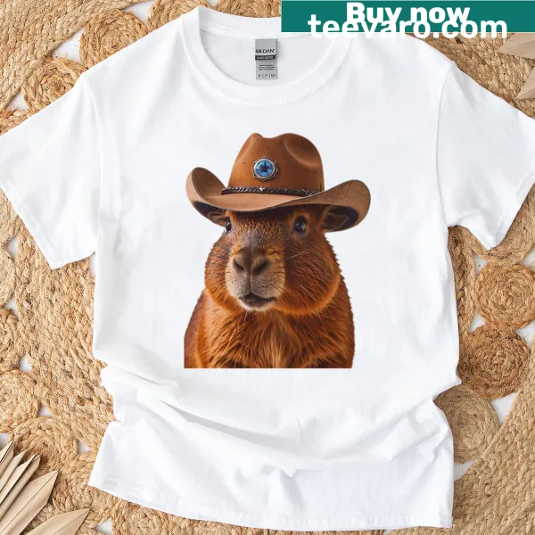 Cute capybara in cowboy hat with balloons for celebrations
