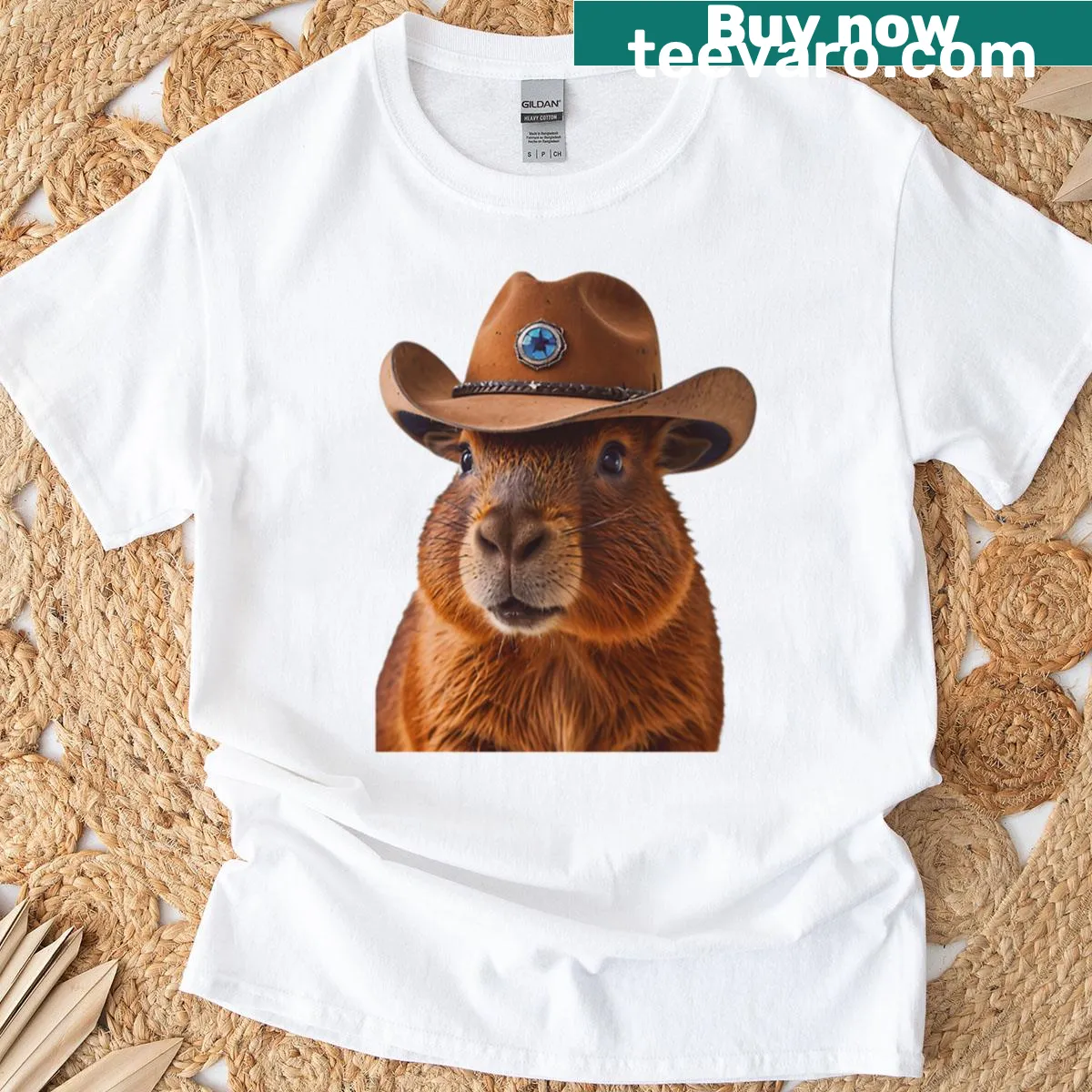 Cute capybara in cowboy hat with balloons for celebrations — on a men's t-shirt