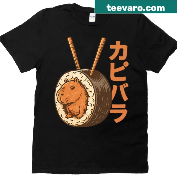 Playful T-shirt featuring a capybara in a sushi roll design