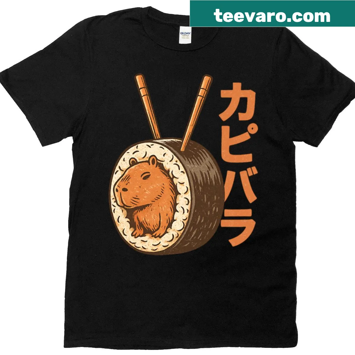 Playful T-shirt featuring a capybara in a sushi roll design — on a men's t-shirt