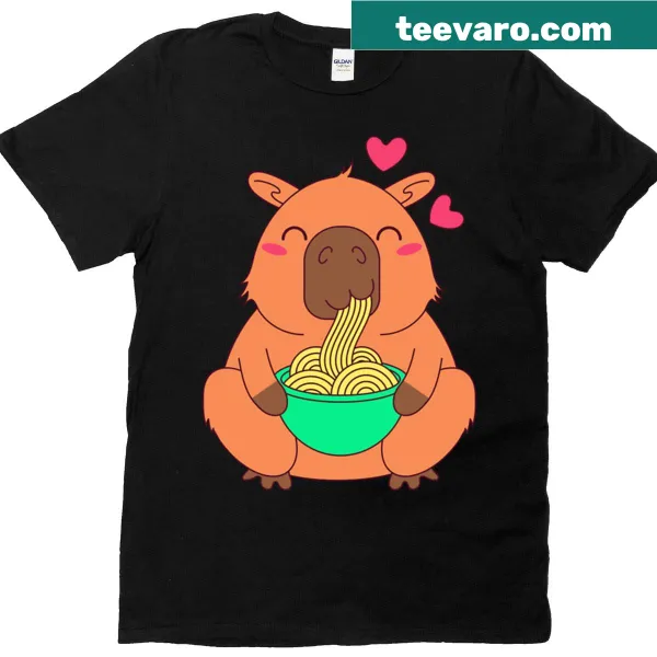 Cartoon capybaras enjoying a pasta party graphic