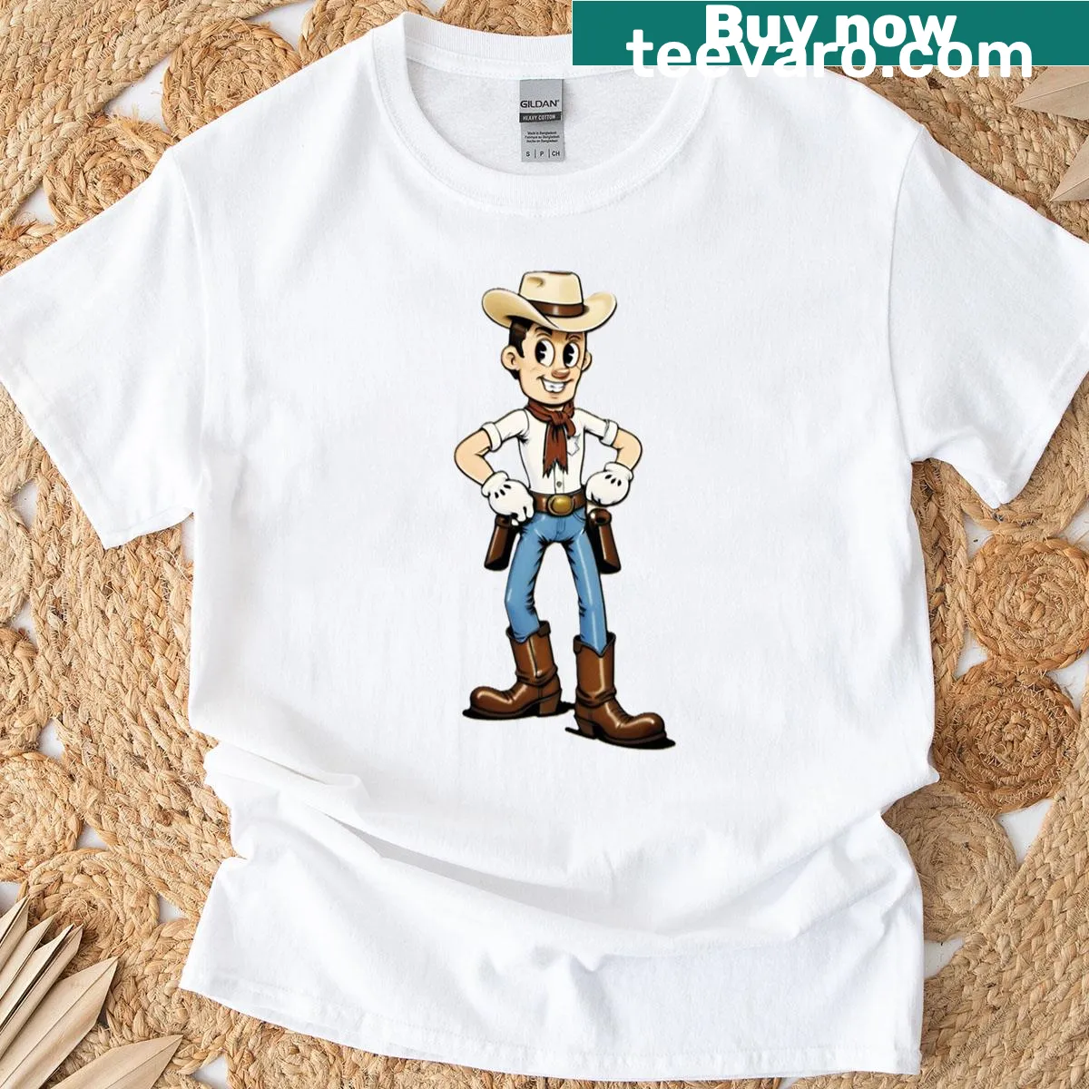 Cartoon cowboy graphic on oversized T-shirt — on a men's t-shirt