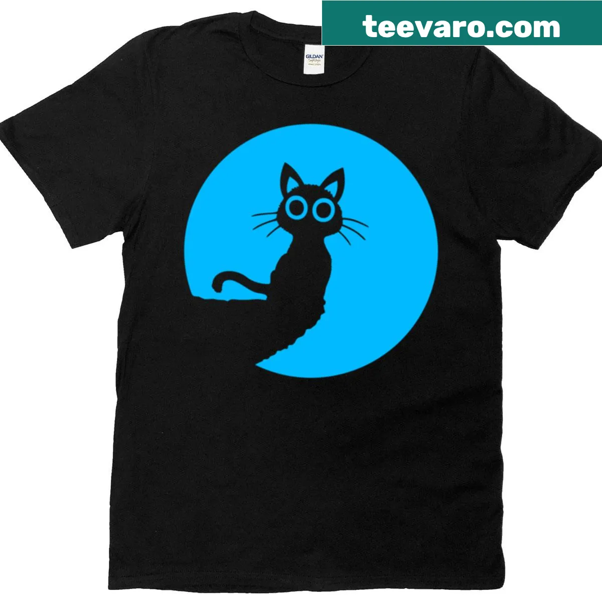 T-shirt featuring a cat on a cliff with moon and sun silhouettes — on a men's t-shirt