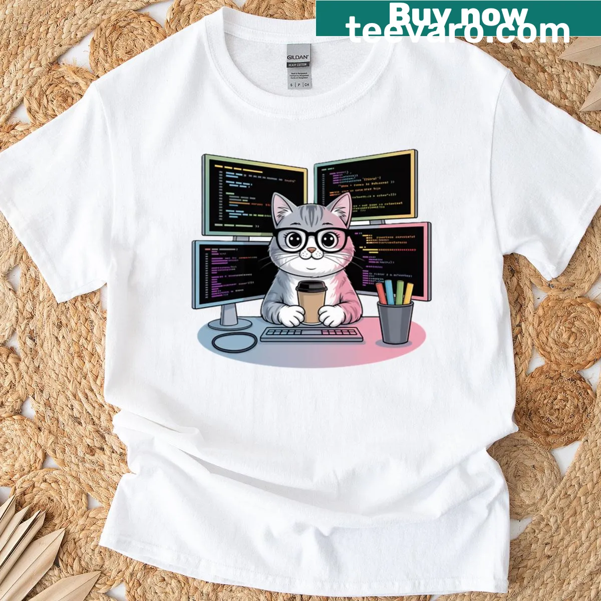 Funny cat programmer illustration for coding enthusiasts on a t-shirt — on a men's t-shirt