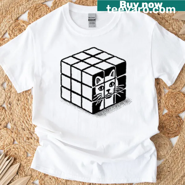 Cat-themed Rubiks Cube T-shirt featuring a playful cat illustration.