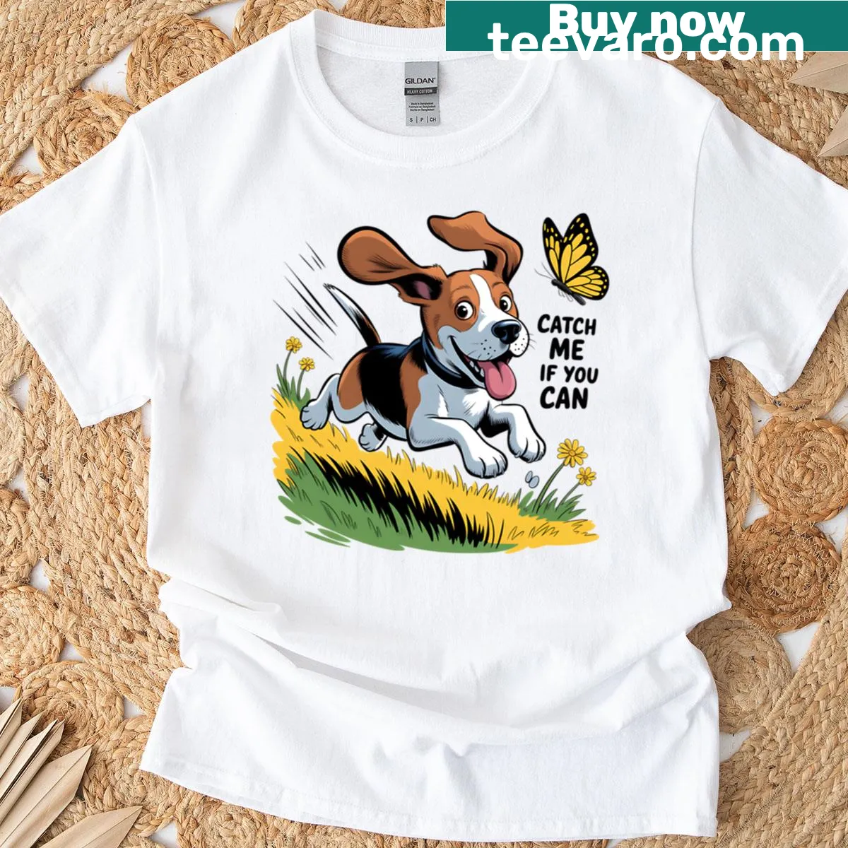 Catch Me If You Can T-shirt with a playful typography design. — on a men's t-shirt