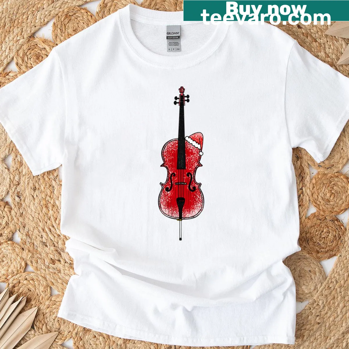 Funny Christmas t-shirt featuring a cartoon Santa playing cello — on a men's t-shirt