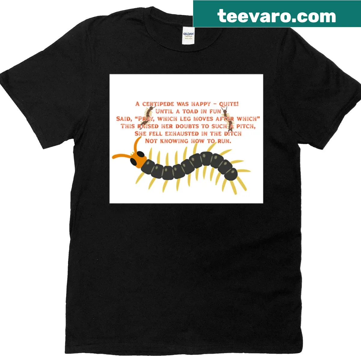 T-shirt with a humorous centipede graphic — on a men's t-shirt