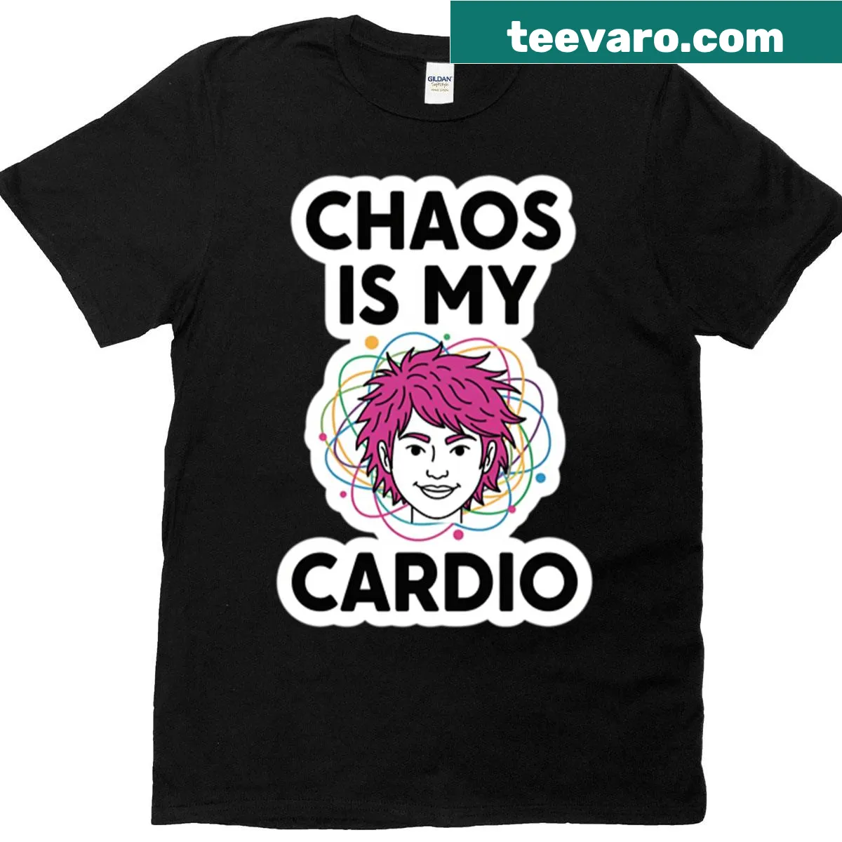 Funny t-shirt with 'Chaos Is My Cardio' and a pink hair character — on a men's t-shirt