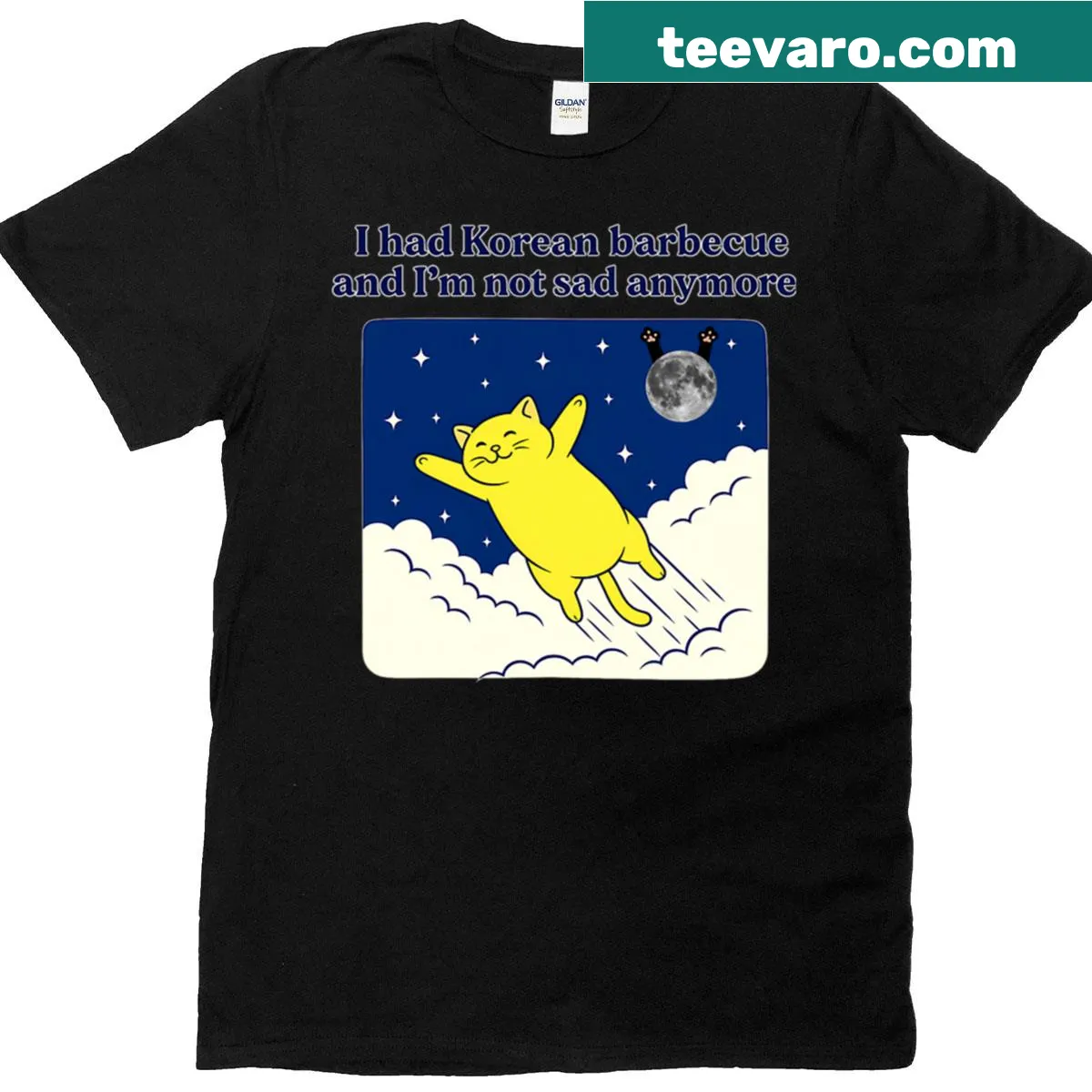 Cheerful flying cat tee with night clouds — on a men's t-shirt