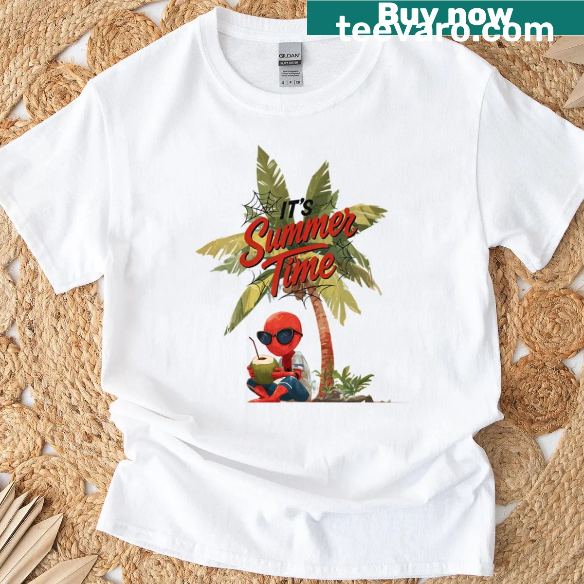 Chibi web-hero design for a summer-themed shirt — on a men's t-shirt