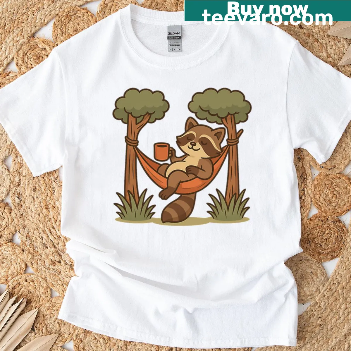 Illustration of a chill raccoon relaxing in a hammock on a T-shirt — on a men's t-shirt
