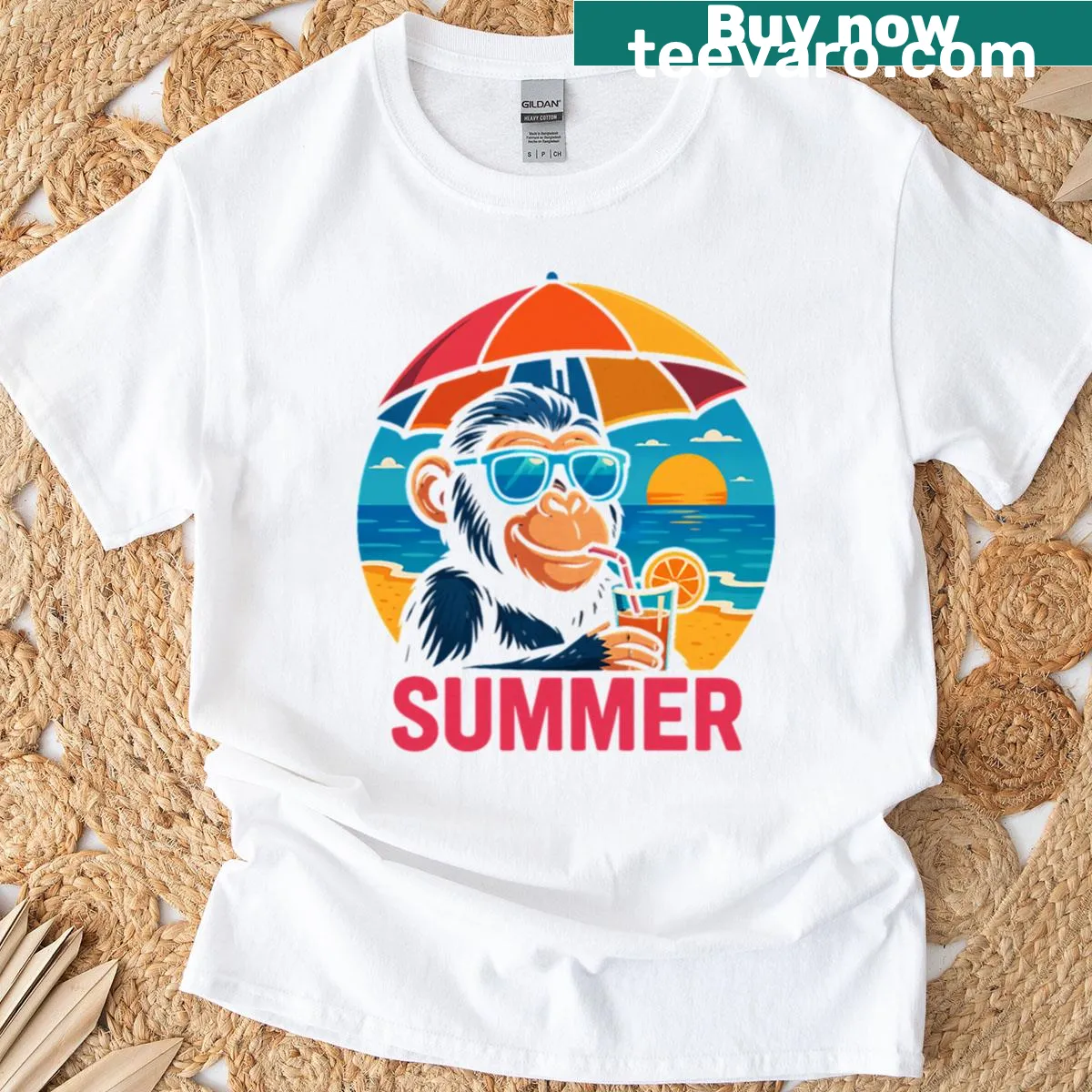 Funny monkey enjoying summer drinks at the beach graphic on T-shirt — on a men's t-shirt