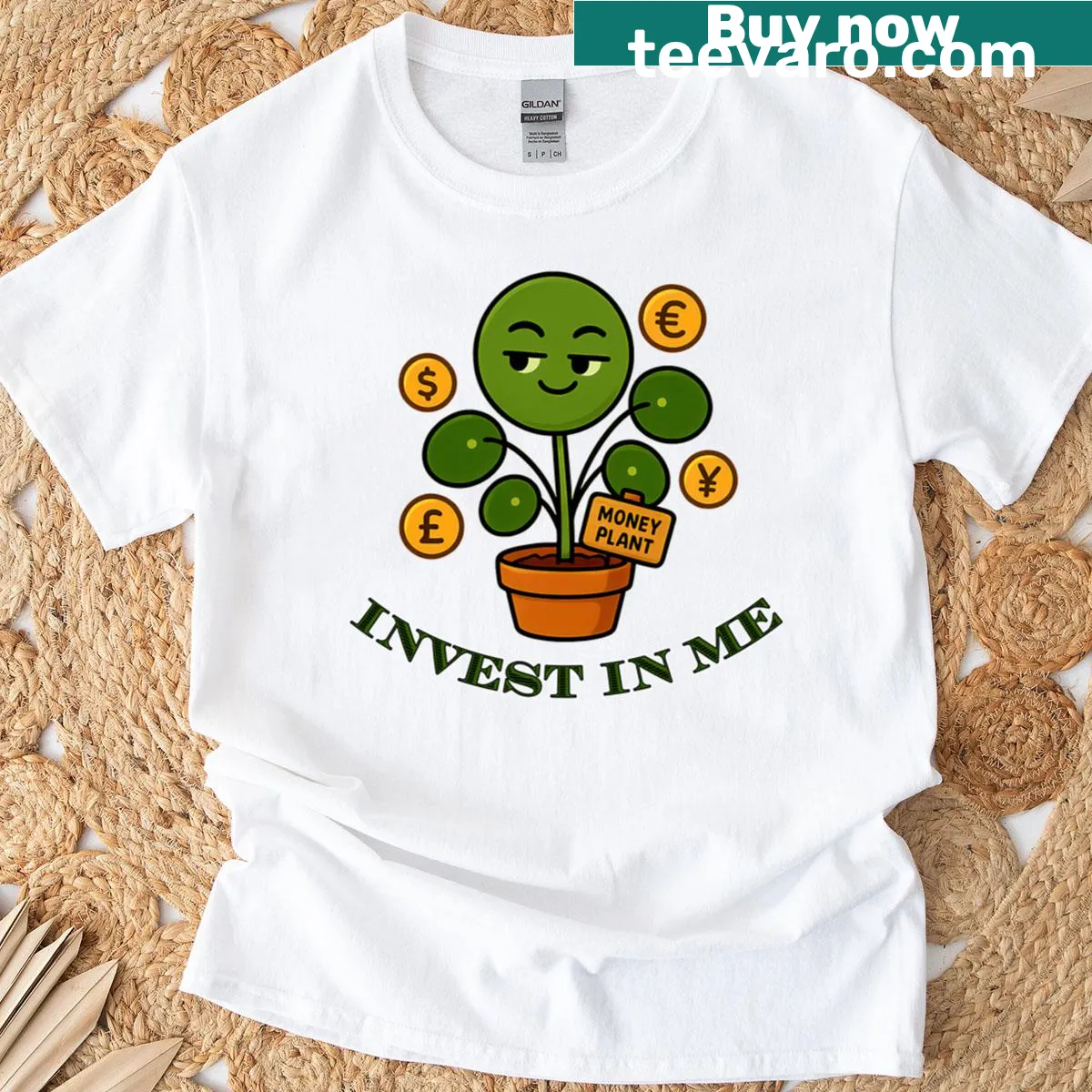 Funny plant character with the text 'Invest In Me' on a t-shirt — on a men's t-shirt