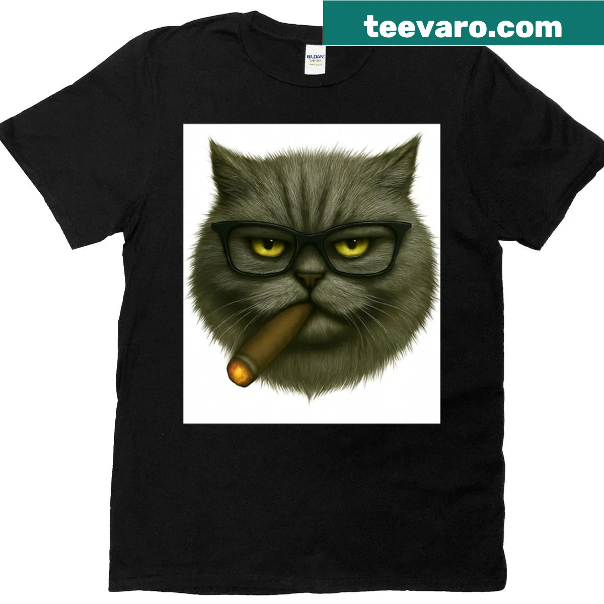 Vintage grey cat T-shirt with cigar smoking graphic — on a men's t-shirt