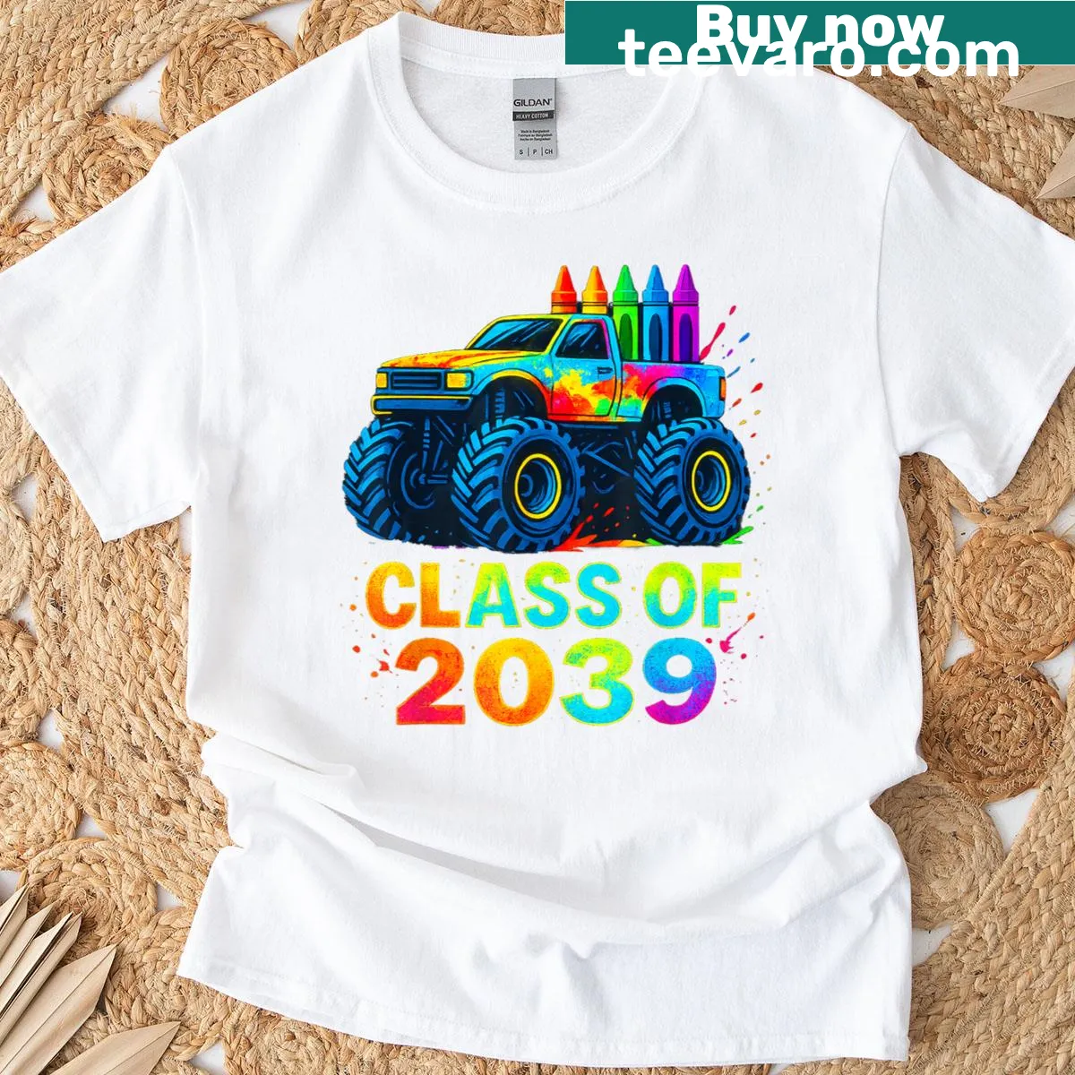 Monster truck design for kindergarten Class of 2039 T-shirt — on a men's t-shirt