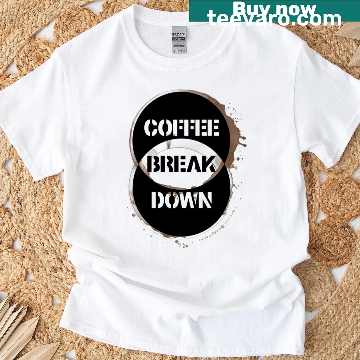 Venn diagram of coffee stain rings with humorous text on a t-shirt — on a men's t-shirt