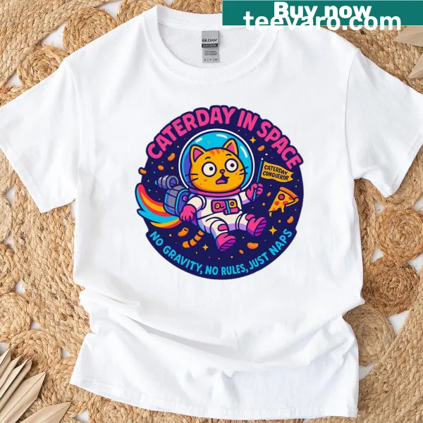 Whimsical cat in space design on a t-shirt
