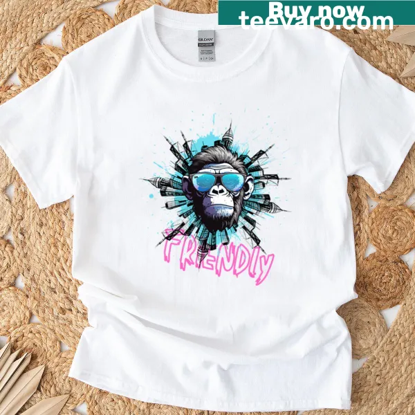 Friendly ape graphic in urban graffiti style on T-shirt