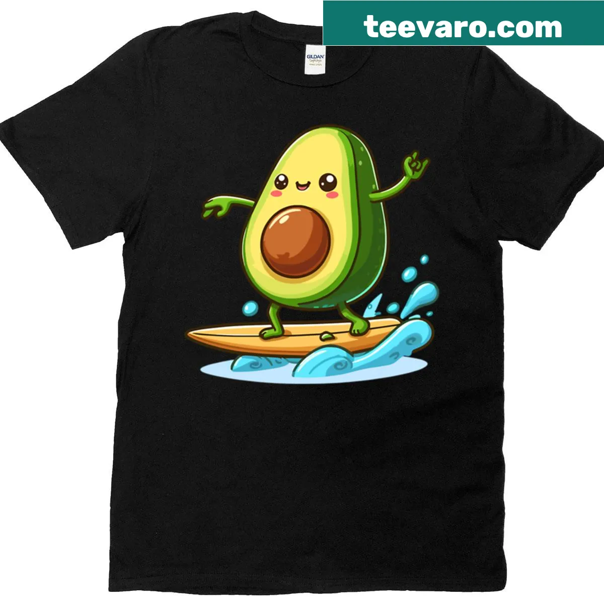 Surfing avocado character riding a wave on a summer-themed t-shirt — on a men's t-shirt