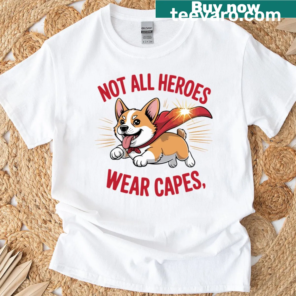 Oversized t-shirt with a leaping superhero corgi graphic — on a men's t-shirt