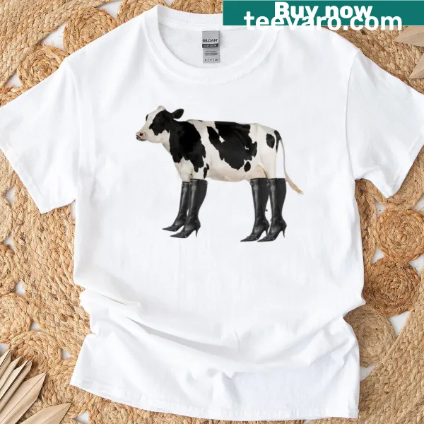 Funny illustration of a cow in high heels on a t-shirt.