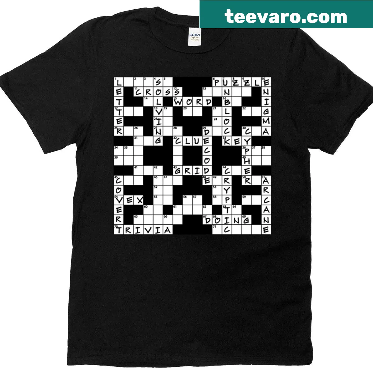 Typographic design celebrating crossword puzzle enthusiasts and clue solvers. — on a men's t-shirt