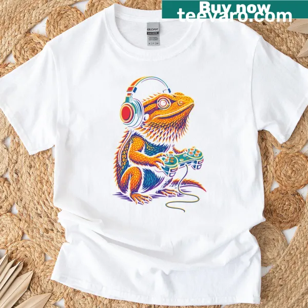Funny gamer tee with bearded dragon and video game controller