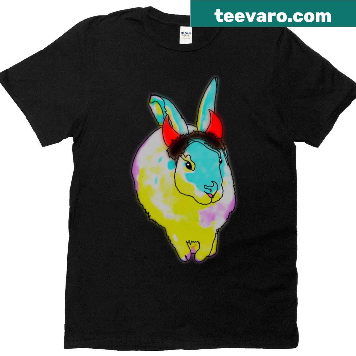 Cartoon bunny in devil horns for Halloween on a T-shirt — on a men's t-shirt