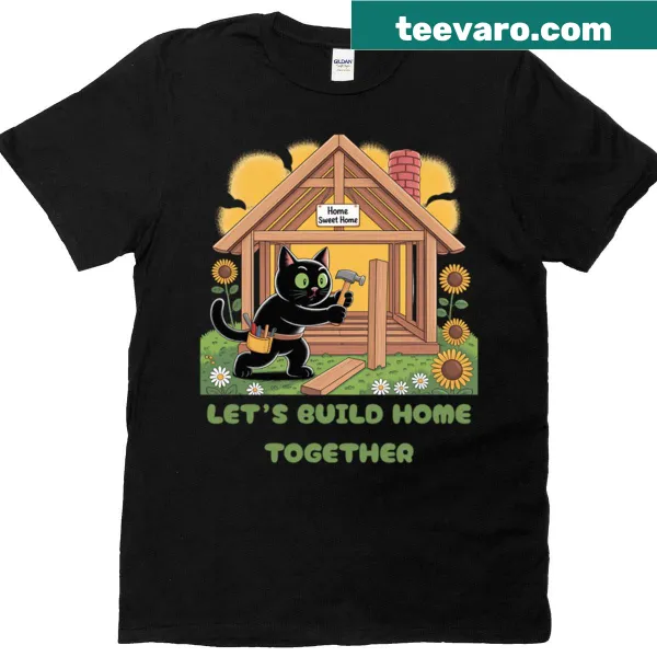 Illustration of a cute cat building a house with tools