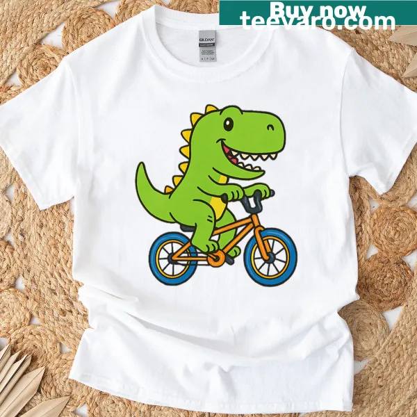 Illustration of a cute dinosaur riding a bicycle