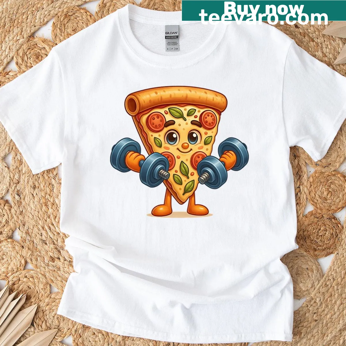 Oversized T-shirt with cartoon pizza slice lifting dumbbells — on a men's t-shirt